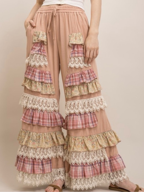 Blue Velvet Pants - Boho Tiered Ruffle Wide-Leg Pants in Dusty Rose